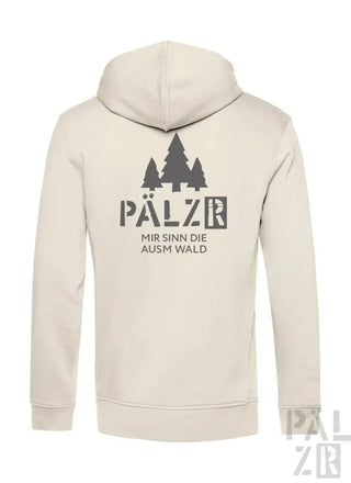Creme-farbene Kapuzenjacke mit ’pälzr’-Logo und Baumdesign, mit Kapuze.