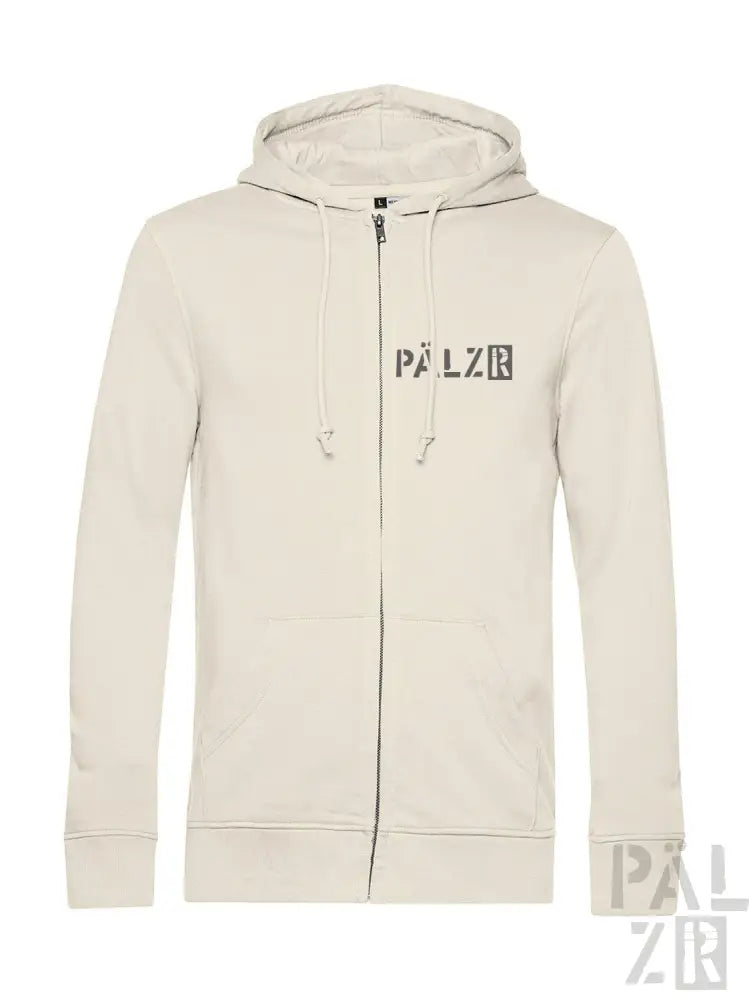 Cremeweißer Kapuzenpulli mit Reißverschluss und ’palzr’-Logo auf der Vorderseite.