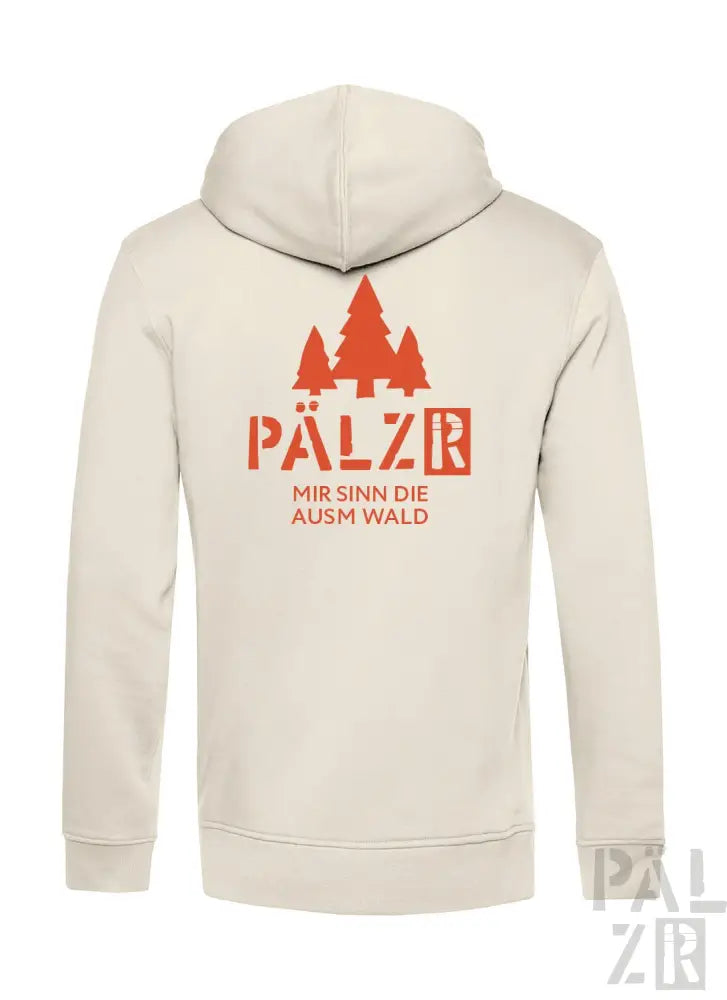 Cremeweiße Kapuzenjacke mit rotem Text und Baum-Design, mit ’pälzr’ Branding.