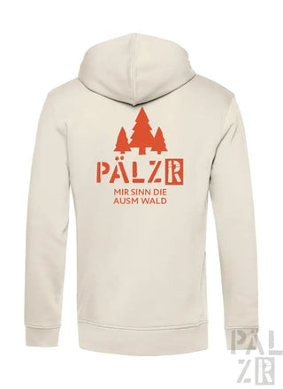 Cremeweiße Kapuzenjacke mit rotem Text und Baum-Design, mit ’pälzr’ Branding.