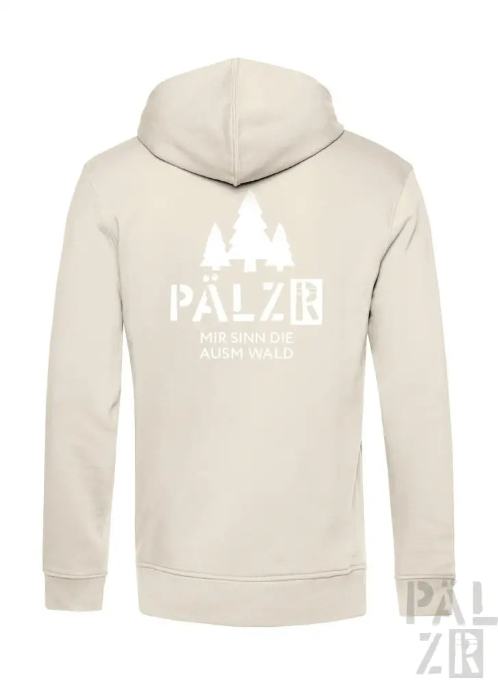 Cremeweißer Hoodie mit ’pälzir’-Logo und Baumdesign.
