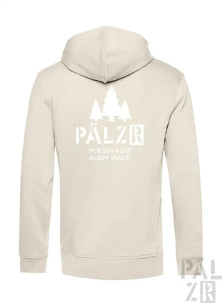 Cremeweißer Hoodie mit ’pälzir’-Logo und Baumdesign.