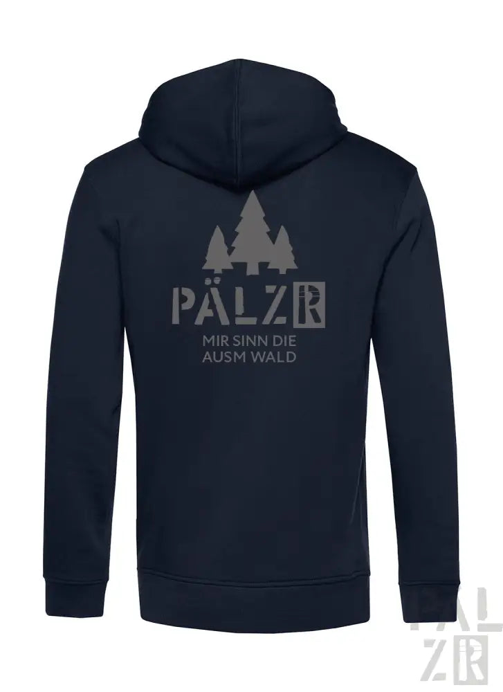 Marineblaue Kapuzenjacke mit Reißverschluss, Logo ’pälzr’ und Baumdesign.