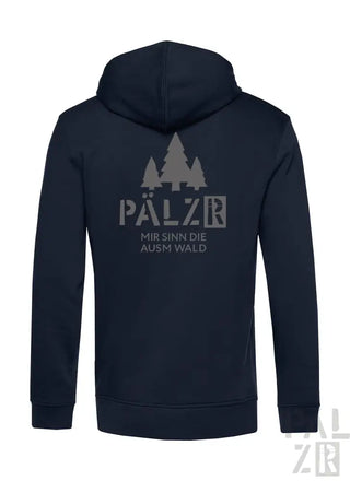 Marineblaue Kapuzenjacke mit Reißverschluss, Logo ’pälzr’ und Baumdesign.
