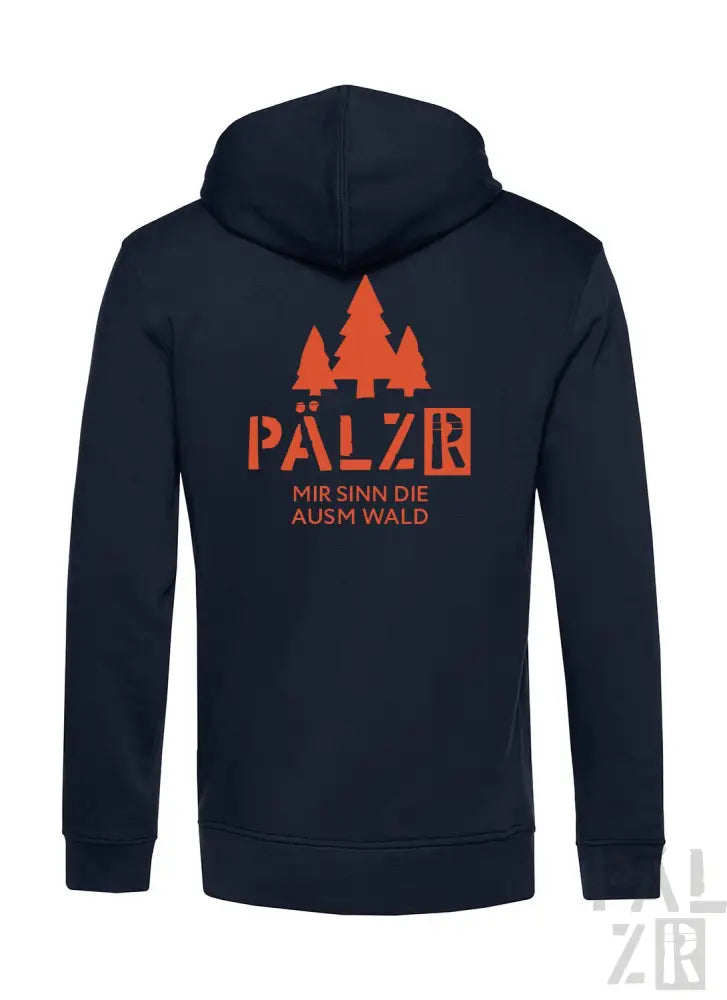 Marineblaue Kapuzenjacke mit Reißverschluss, mit orangem „pälzr“-Logo und Textdesign.