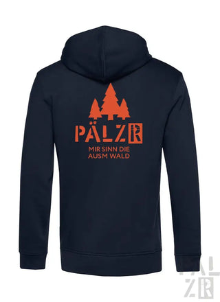 Marineblaue Kapuzenjacke mit Reißverschluss, mit orangem „pälzr“-Logo und Textdesign.