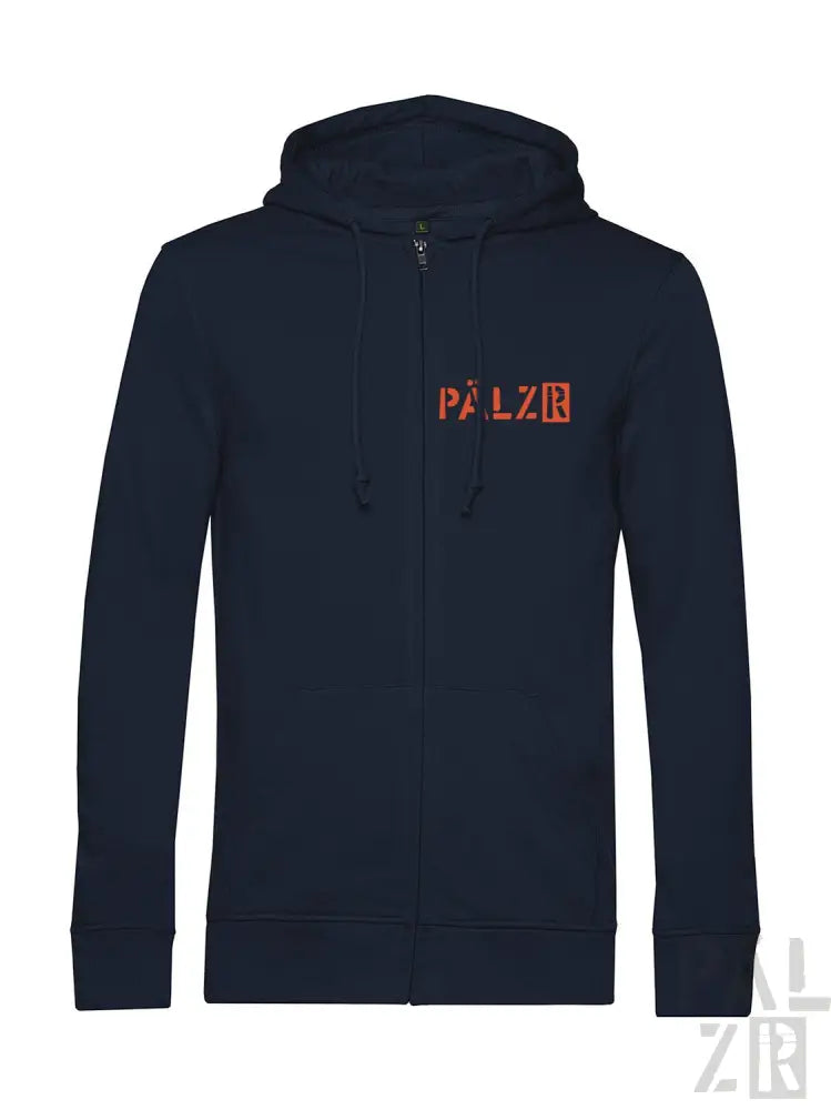 Marineblaue Kapuzenjacke mit Reißverschluss und ’palzr’-Logo in Orange und Weiß.