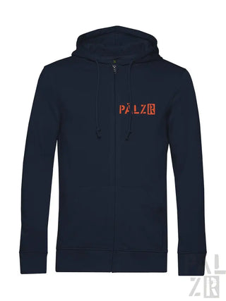 Marineblaue Kapuzenjacke mit Reißverschluss und ’palzr’-Logo in Orange und Weiß.