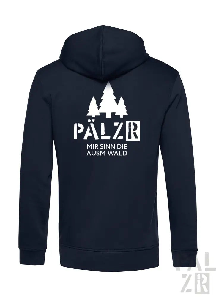 Marineblaue Kapuzenjacke mit weißem Text und Baumdesign, Marke ’pälzr’.