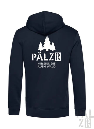 Marineblaue Kapuzenjacke mit weißem Text und Baumdesign, Marke ’pälzr’.