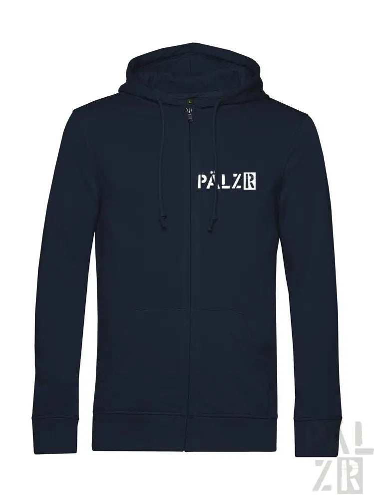 Marineblaue Kapuzenjacke mit Reißverschluss und „palzr“-Logo auf der Vorderseite.