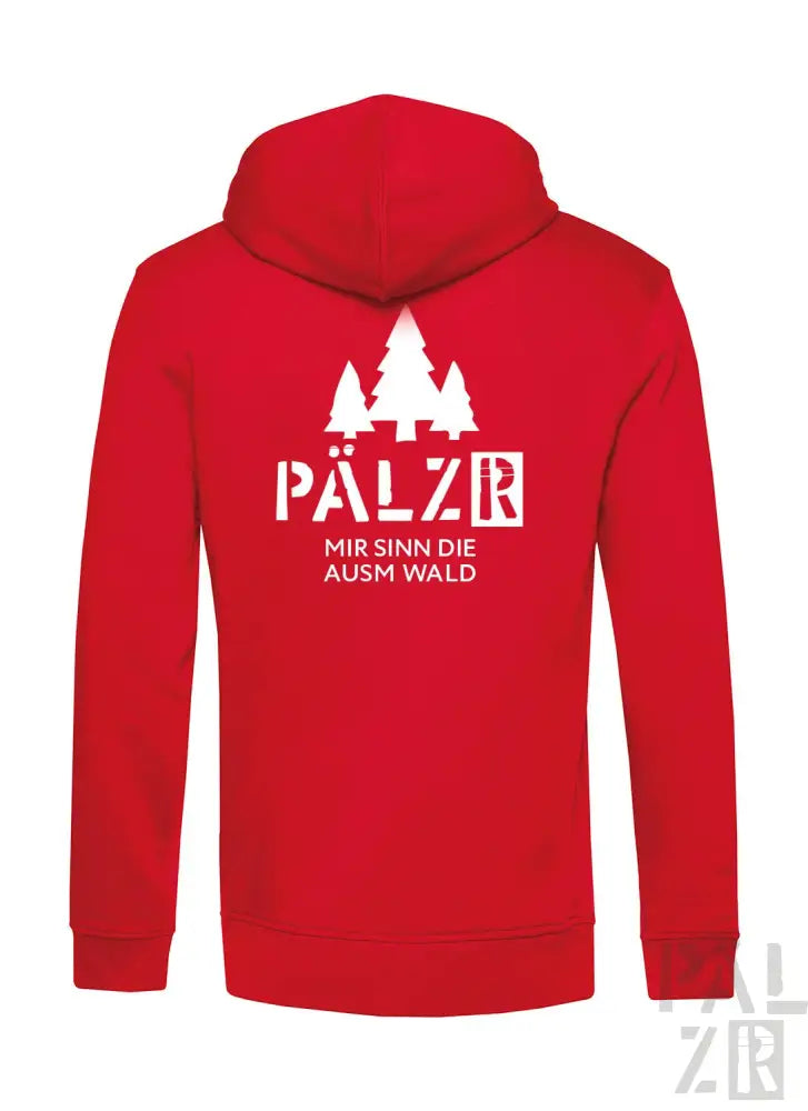 Roter Hoodie mit weißem Text und Design mit Bäumen, ’pälzr,’ und dem Spruch ’mir sinn die ausm wald’ auf dem Rücken.