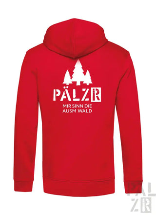 Roter Hoodie mit weißem Text und Design mit Bäumen, ’pälzr,’ und dem Spruch ’mir sinn die ausm wald’ auf dem Rücken.