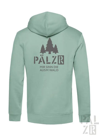 Minzgrüner Hoodie mit ‚pälzr‘-Logo und Baumdesign.