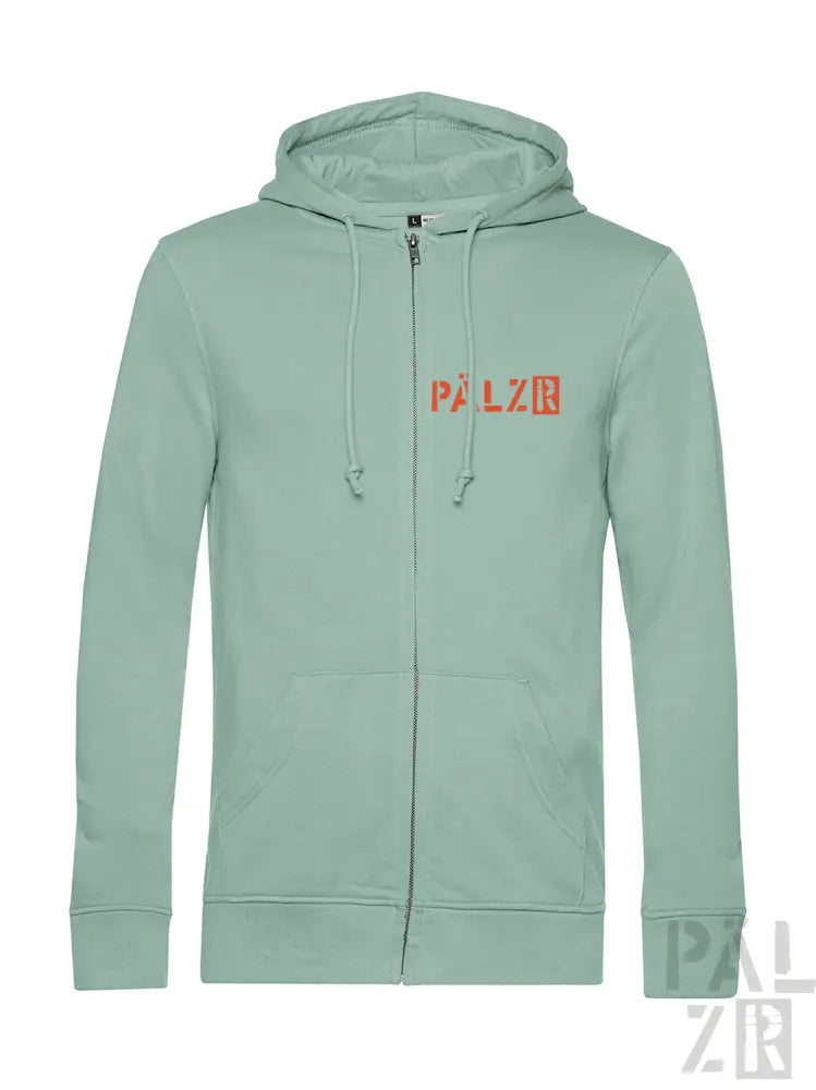 Mintgrüner Reißverschluss-Hoodie mit ’palzr’-Logo in Rot auf der Vorderseite.