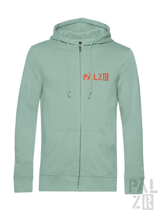 Mintgrüner Reißverschluss-Hoodie mit ’palzr’-Logo in Rot auf der Vorderseite.