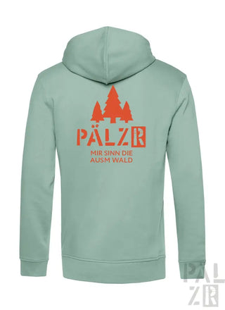 Minzgrüner Hoodie mit orangefarbenem Text und Baumdesign, Marke palzr.