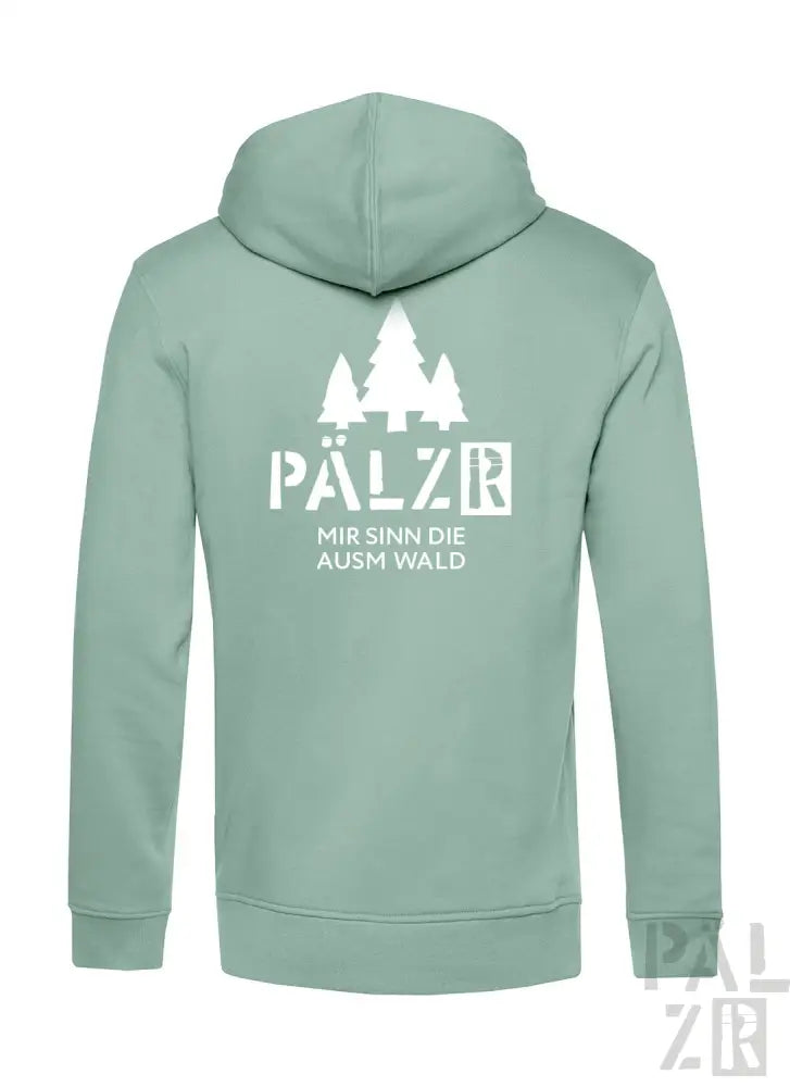 Minzgrüner Hoodie mit weißem Text und Baumdesign, Marke ‚pälzr‘.