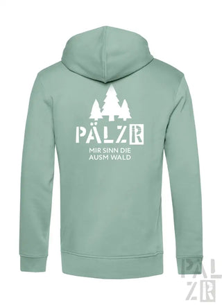 Minzgrüner Hoodie mit weißem Text und Baumdesign, Marke ‚pälzr‘.