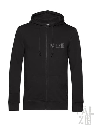 Schwarze Kapuzenjacke mit Reißverschluss und ’palzr’-Logo auf der Vorderseite.