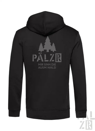 Schwarze Kapuzenjacke mit Reißverschluss, Baumdesign und Text „pälzr“ auf dem Rücken.