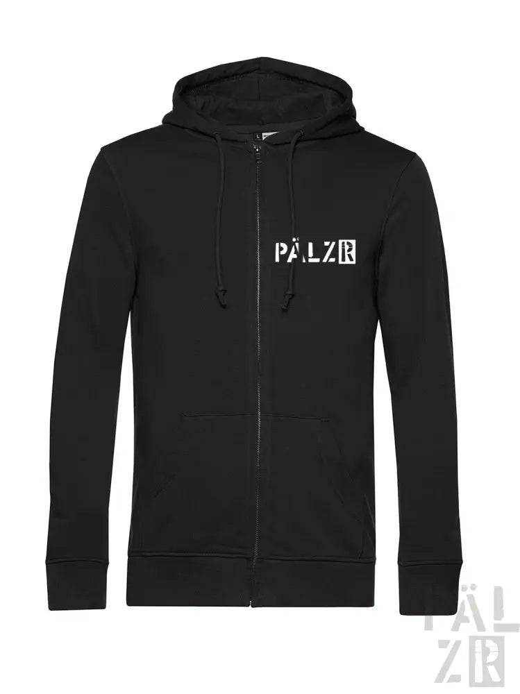 Schwarze Kapuzenjacke mit Reißverschluss und ’palzr’-Logo auf der Vorderseite, aus Baumwolle und Polyester.