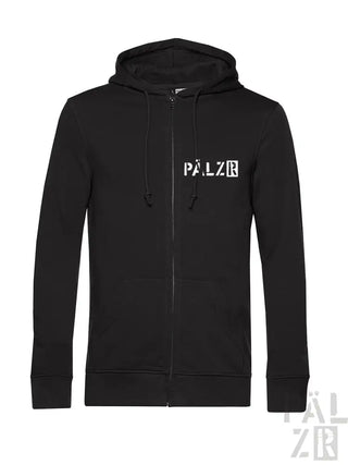 Schwarze Kapuzenjacke mit Reißverschluss und ’palzr’-Logo auf der Vorderseite, aus Baumwolle und Polyester.