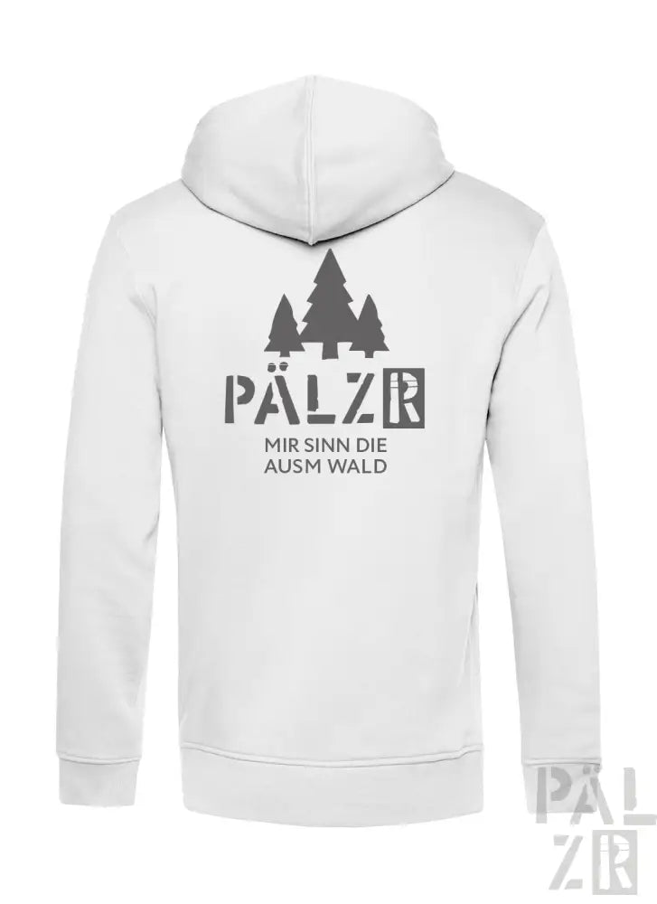 Weiße Hoodie mit ’pälzr’ Logo und Baum-Design.