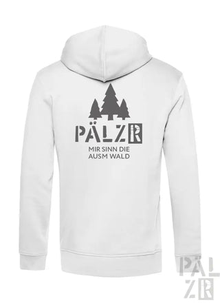 Weiße Hoodie mit ’pälzr’ Logo und Baum-Design.