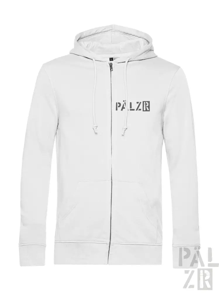 Weiße Kapuzenjacke mit Reißverschluss und ’palzr’-Logo auf der Vorderseite.