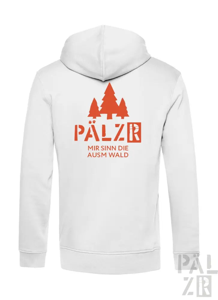 Weiße Kapuzenjacke mit Reißverschluss, orange Schrift und Baumdesign.