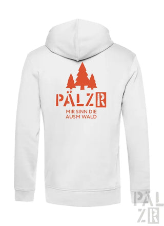 Weiße Kapuzenjacke mit Reißverschluss, orange Schrift und Baumdesign.