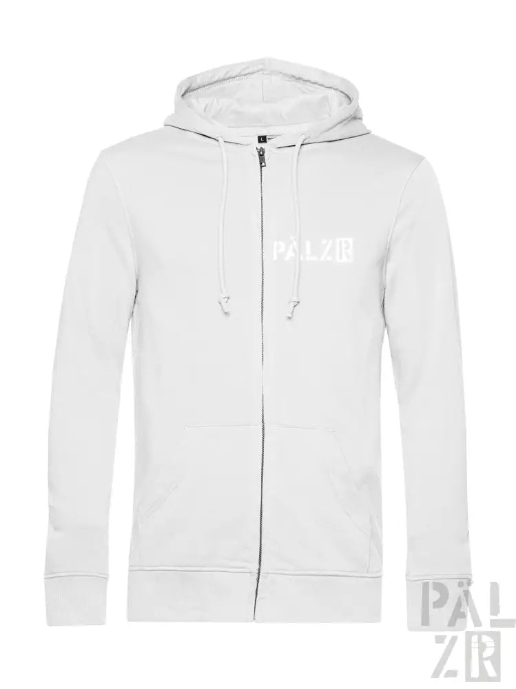 Weiße Kapuzenjacke mit Reißverschluss, Kapuze und Vordertasche, aus Baumwolle gefertigt.