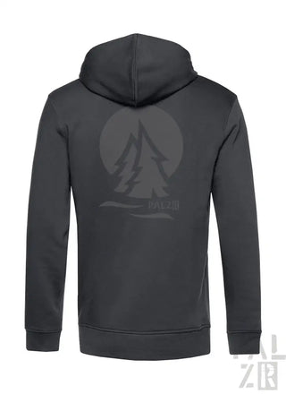 Anthrazitgrauer Hoodie mit Baumdesign auf dem Rücken, aus weicher Baumwollmischung.