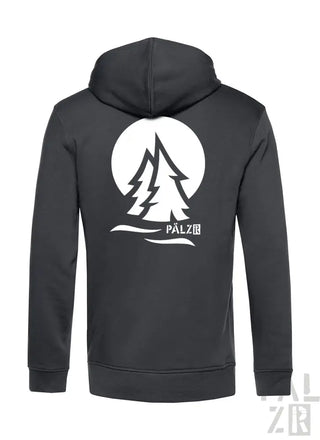 Anthrazitgraue Kapuzenjacke mit weißem Baumdesign und Markennamen ’palzio’ auf dem Rücken.