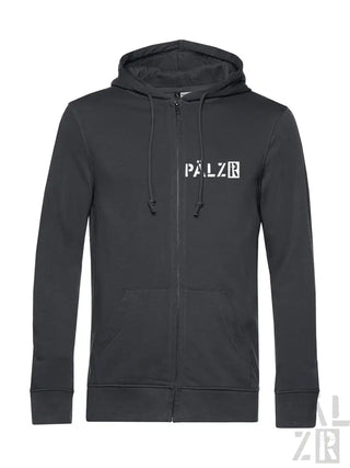 Schwarze Kapuzenjacke mit Reißverschluss und ’palzr’-Logo auf der Brust, aus einer Baumwolle- und Polyester-Mischung gefertigt.