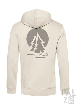 Cremeweiße Kapuzenjacke mit Baum-Design und ’palzir’-Branding auf dem Rücken.