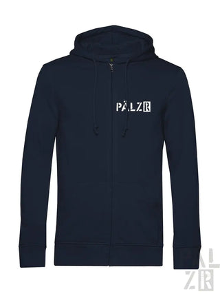 Marineblaue Kapuzenjacke mit Reißverschluss und ’palzr’-Logo auf der Vorderseite.