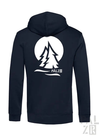 Marineblaue Kapuzenjacke mit weißem Baum-Design und ’palzio’-Text.