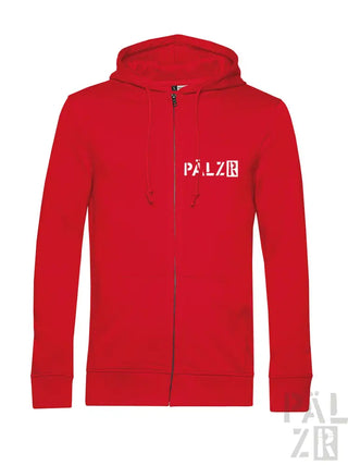 Roter Kapuzenpulli mit Reißverschluss und ‚palzr‘-Logo auf Vorder- und Rückseite, aus Baumwolle gefertigt.