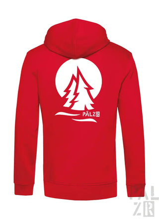 Roter Hoodie mit weißem Baum-Design und Text ’palzig’ auf dem Rücken.