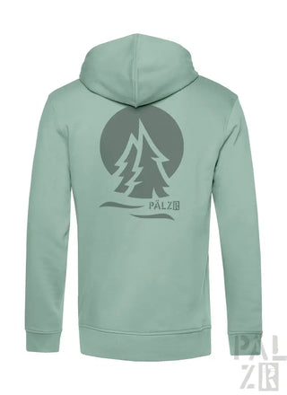 Minzgrüner Hoodie mit Baumdesign und ’pálzis’-Logo.