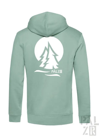 Minzgrüner Hoodie mit weißem Baum-Design und ’palzib’-Text.