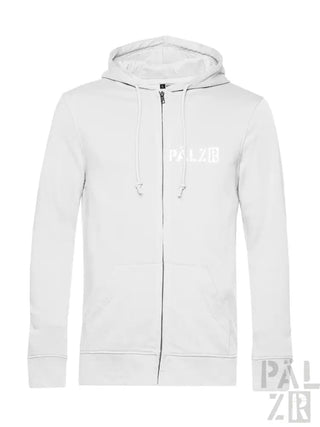 Weiße Kapuzen-Sweatjacke mit Reißverschluss, Kapuze und Vordertasche, aus Baumwolle.