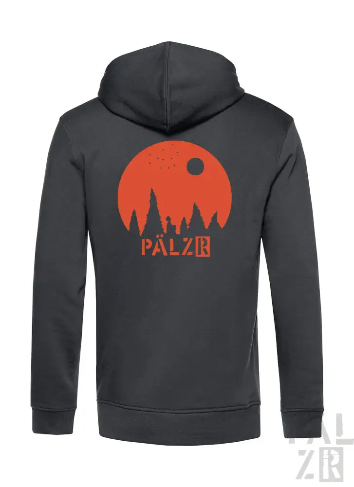 Kohle-graue Kapuzenjacke mit orange-rotem Design, das eine Silhouette einer Stadtlandschaft vor der Sonne zeigt, markiert mit ‚palzr‘ in fetten Buchstaben.