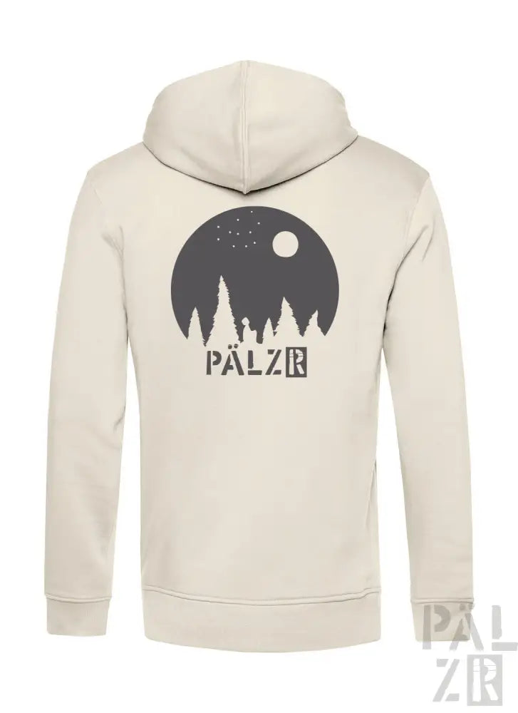 Cremeweiße Kapuzenjacke mit schwarzem ’palzr’-Logo und Baum-Silhouetten-Design.