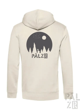 Cremeweiße Kapuzenjacke mit schwarzem ’palzr’-Logo und Baum-Silhouetten-Design.