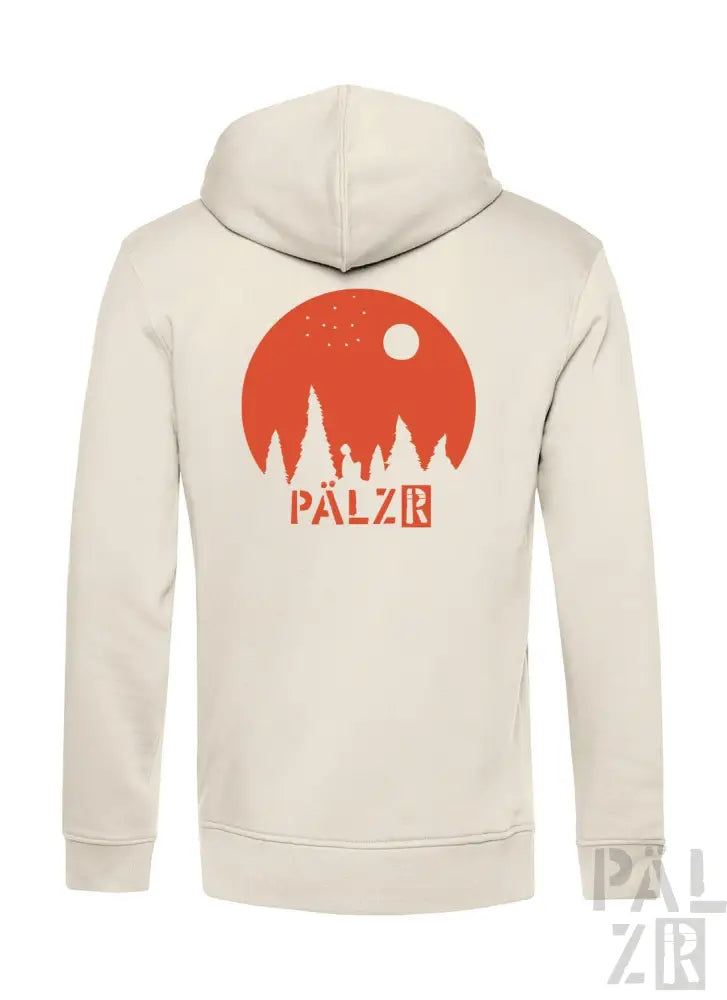 Creme-farbene Kapuzenjacke mit rotem Sonnen-Design und ’pálzr’-Branding auf dem Rücken.