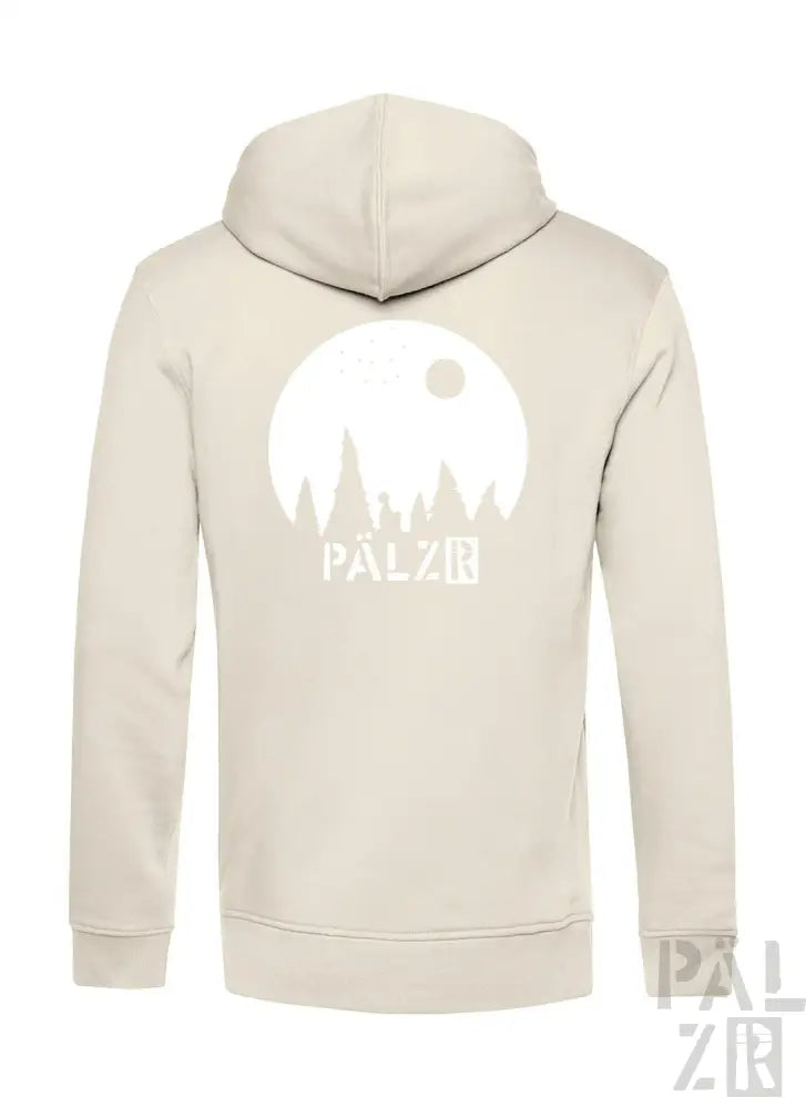 Cremeweißer Hoodie mit weißem Geister-Design und ’palzb’-Text.