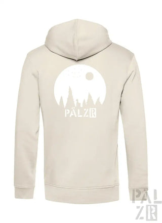 Cremeweißer Hoodie mit weißem Geister-Design und ’palzb’-Text.
